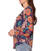 Democracy Womens Long Flounce Sleeve Split Neck Ruffle Front Floral Print Woven Top