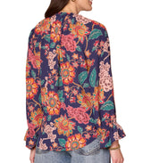 Democracy Womens Long Flounce Sleeve Split Neck Ruffle Front Floral Print Woven Top