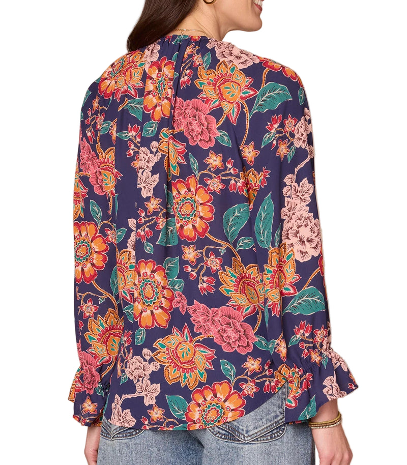 Democracy Womens Long Flounce Sleeve Split Neck Ruffle Front Floral Print Woven Top