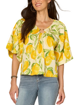 Democracy Womens Bubble Bell Sleeve V-Neck Lemon Printed Woven Top with O-Ring