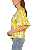 Democracy Womens Bubble Bell Sleeve V-Neck Lemon Printed Woven Top with O-Ring