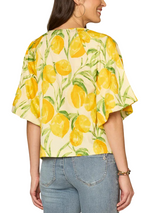 Democracy Womens Bubble Bell Sleeve V-Neck Lemon Printed Woven Top with O-Ring
