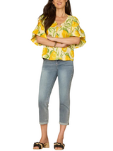 Democracy Womens Bubble Bell Sleeve V-Neck Lemon Printed Woven Top with O-Ring