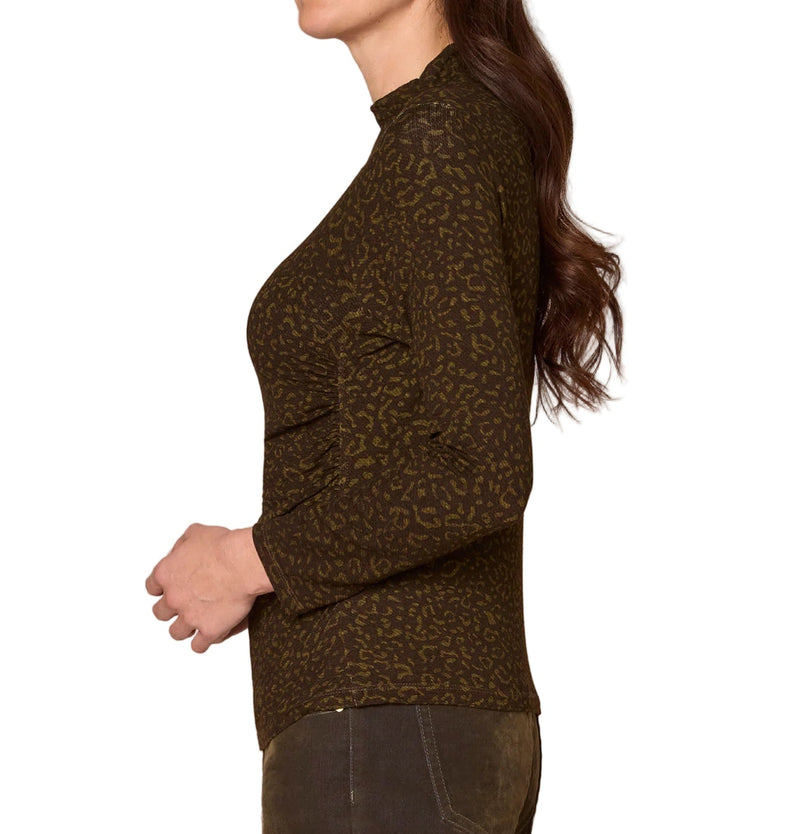Democracy Womens Long Sleeve Mock Neck Asymmetrical Side Ruching Animal Print Knit Top