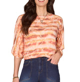 Democracy Womens Three Quarter Blouson Sleeve Boat Neck Abstract Print Knit Top