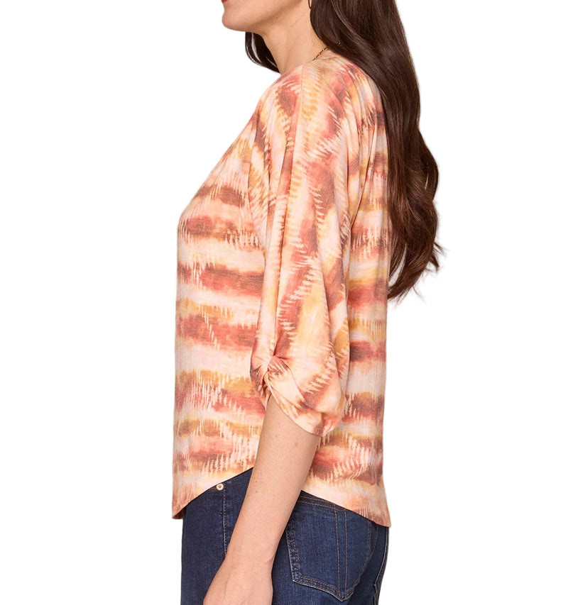 Democracy Womens Three Quarter Blouson Sleeve Boat Neck Abstract Print Knit Top