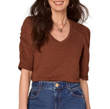 Democracy Womens Elbow Puff Sleeve Pintucks and Crochet V-Neck Knit Top