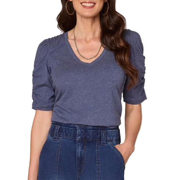 Democracy Womens Elbow Puff Sleeve Pintucks and Crochet V-Neck Knit Top