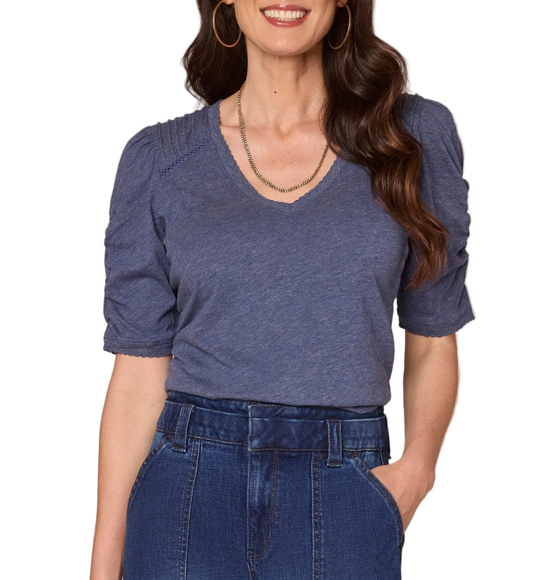 Democracy Womens Elbow Puff Sleeve Pintucks and Crochet V-Neck Knit Top