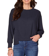 Democracy Womens Long Sleeve Scoop Neck Embroidered Pearl Detail Mixed Media Knit Top