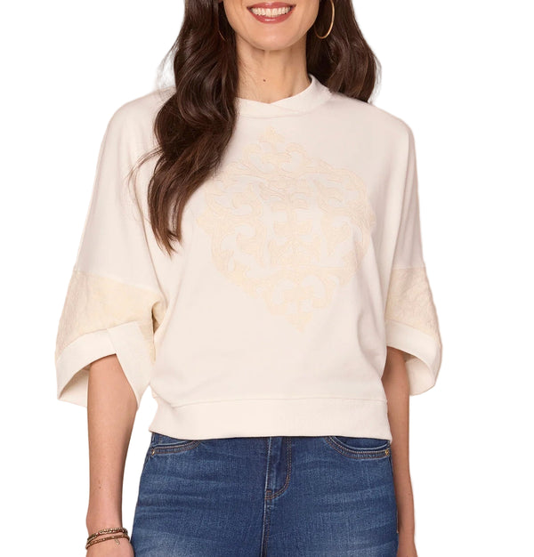 Democracy Womens Three Quarter Dolman Sleeve Surplus Neck Embroidered Knit Top