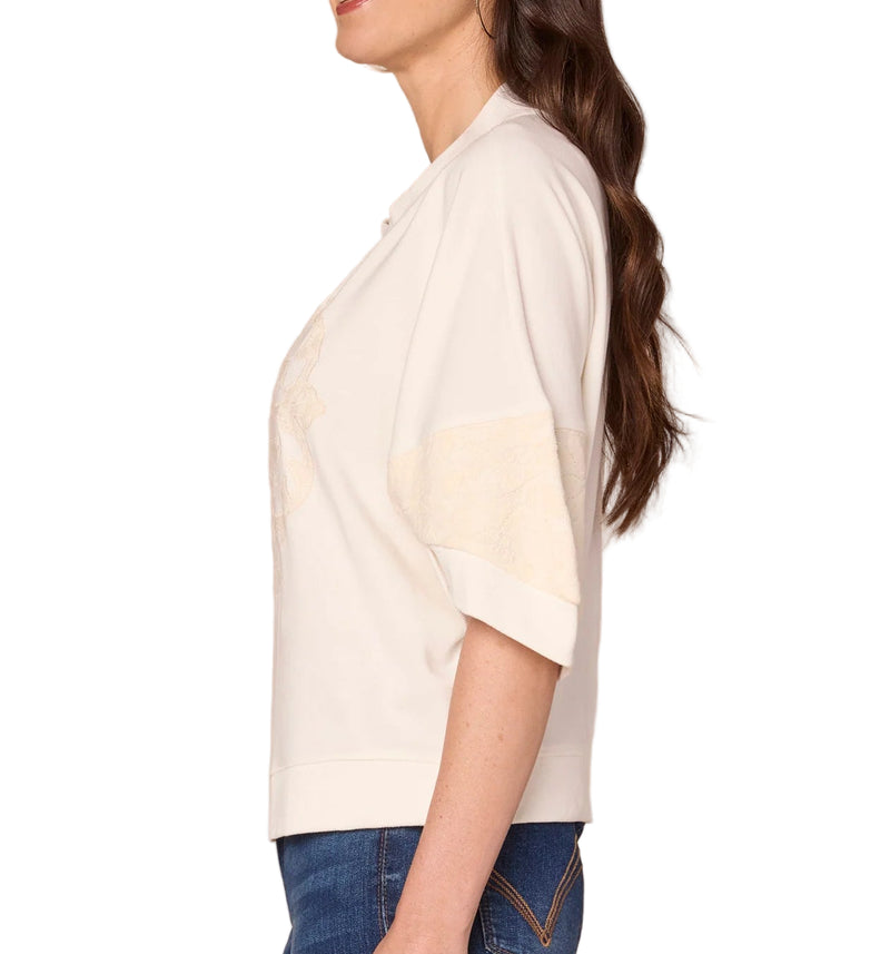 Democracy Womens Three Quarter Dolman Sleeve Surplus Neck Embroidered Knit Top