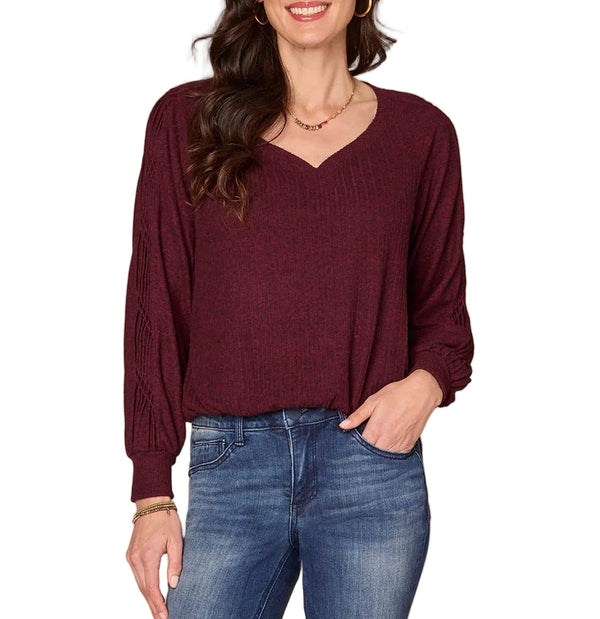 Democracy Womens Long Sleeve Sweetheart Neck Cased Hem Knit Top