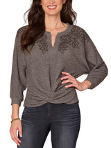 Democracy Womens Mandarin Collar Twist Hem Mixed Media Knit 3/4 Sleeve Top