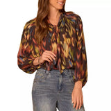 Democracy Womens Printed Woven Long Sleeve Scoop Neck Blouse
