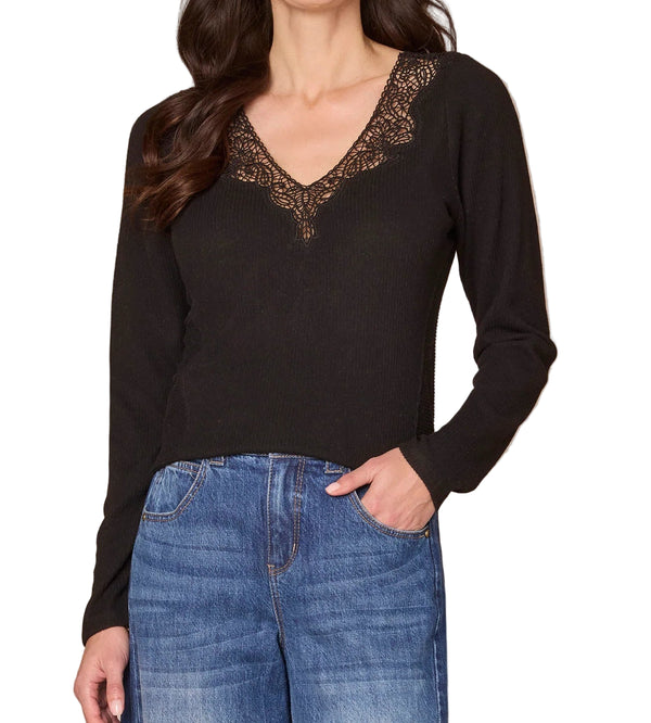 Democracy Womens Long Sleeve Crochet V-Neck Knit Top