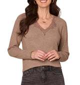 Democracy Womens Long Sleeve Crochet V-Neck Knit Top