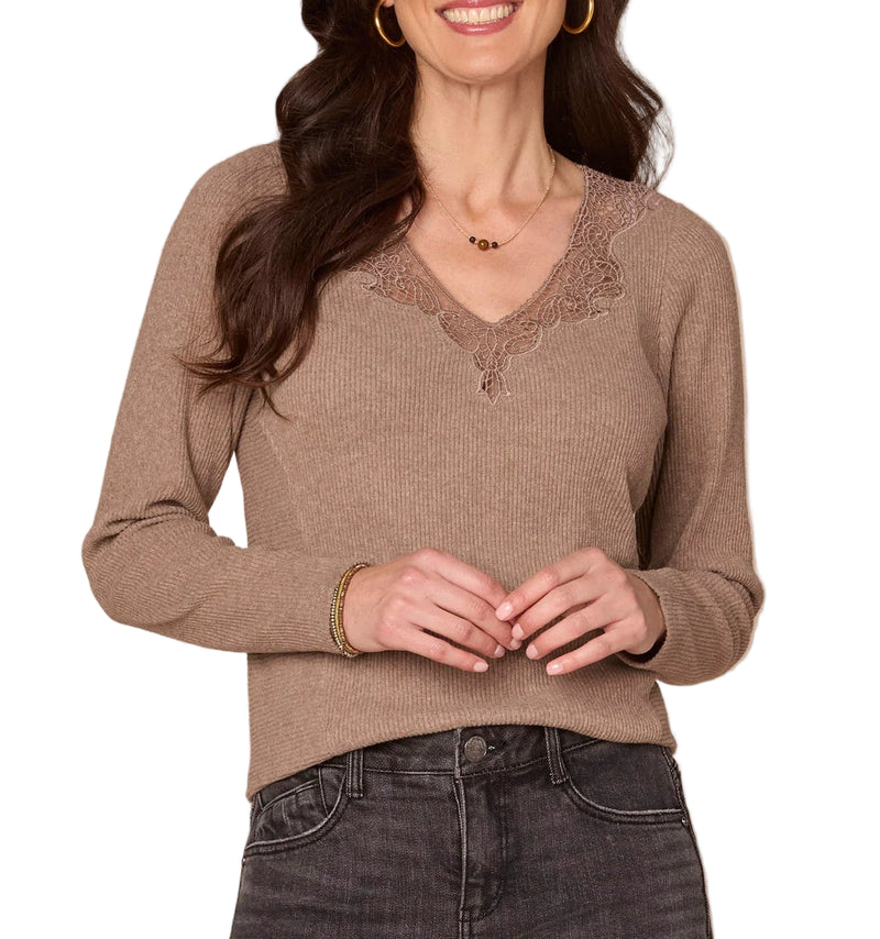 Democracy Womens Long Sleeve Crochet V-Neck Knit Top