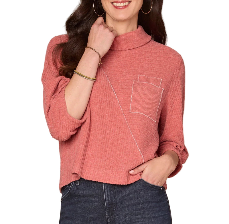 Democracy Womens Pleated Elbow Sleeve Mock Neck Lurex Seaming Double Pocket Knit Top