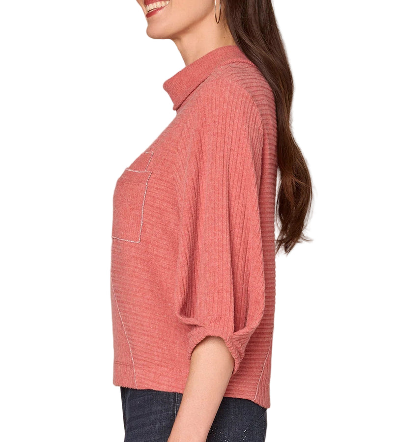 Democracy Womens Pleated Elbow Sleeve Mock Neck Lurex Seaming Double Pocket Knit Top