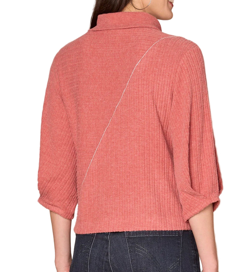 Democracy Womens Pleated Elbow Sleeve Mock Neck Lurex Seaming Double Pocket Knit Top