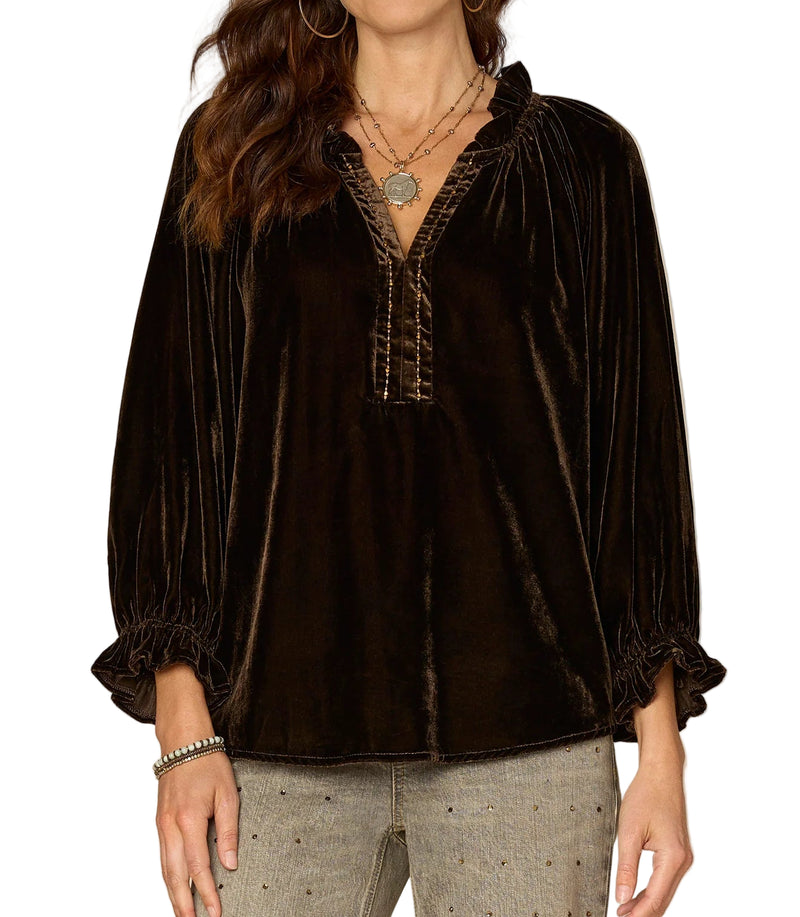 Democracy Womens Three Quarter Blouson Sleeve Ruffle V-Neck Embroidered Woven Top