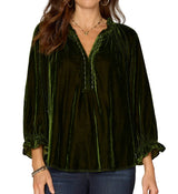 Democracy Womens Three Quarter Blouson Sleeve Ruffle V-Neck Embroidered Woven Top