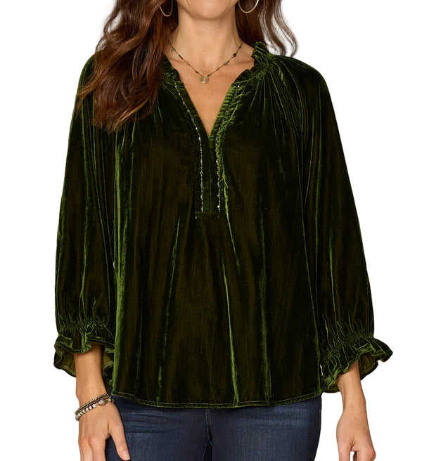 Democracy Womens Three Quarter Blouson Sleeve Ruffle V-Neck Embroidered Woven Top