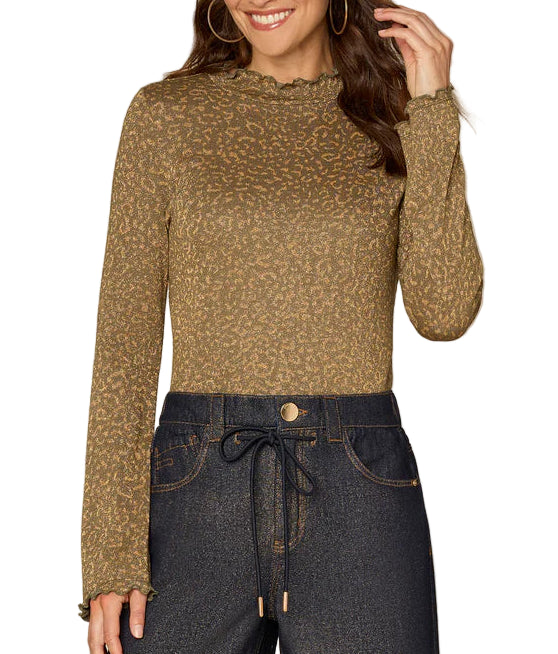 Democracy Womens Long Bell Sleeve Mock Neck Knit Top with Lettuce Edge Detail