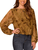Democracy Womens Blouson Boat Neck Bubble Hem Abstract Print Knit Long Sleeve Top