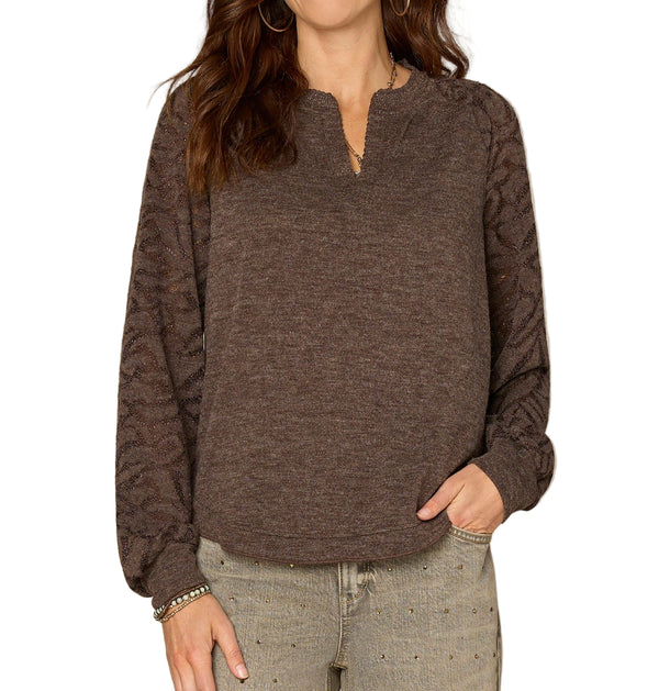 Democracy Womens Long Blouson Sleeve Mandarin Collar Half Placket Mixed Media Knit Top