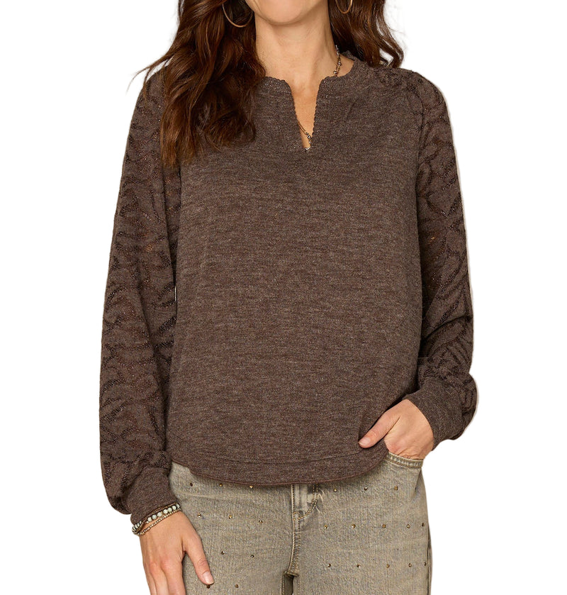 Democracy Womens Long Blouson Sleeve Mandarin Collar Half Placket Mixed Media Knit Top