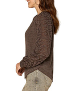 Democracy Womens Long Blouson Sleeve Mandarin Collar Half Placket Mixed Media Knit Top