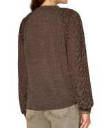 Democracy Womens Long Blouson Sleeve Mandarin Collar Half Placket Mixed Media Knit Top