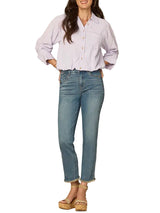 Democracy Womens Tucked Sleeve Smocked Button Down Bubble Hem Splice Stripe Woven Shirt