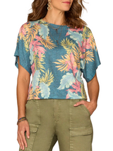 Democracy Womens Short Dolman Sleeve Scallop Scoop Neck Placement Print Knit Top