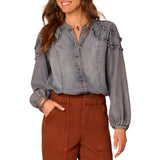Democracy Womens Pleated Lyocell Scoop Neck Long Sleeve Button Up Shirt
