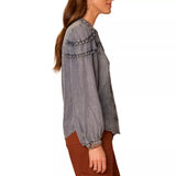 Democracy Womens Pleated Lyocell Scoop Neck Long Sleeve Button Up Shirt
