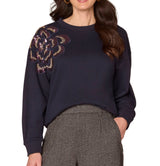 Democracy Womens Long Sleeve Crew Neck Beaded Floral Knit Sweatshirt