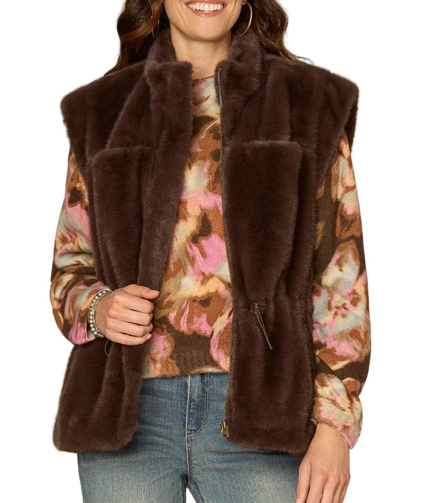 Democracy Womens Cap Sleeve Funnel Neck Zip Front Woven Vest with Toggle Waist Ties