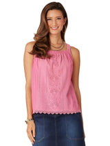 Democracy Womens Wide Strap Ruched Square Neck Embroidered Scallop Edge Woven Tank Top