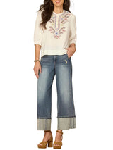 Democracy Womens Pleated Blouson Sleeve Round Neck Embroidered Placket Woven Top