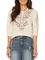 Democracy Womens Pleated Blouson Sleeve Round Neck Embroidered Placket Woven Top