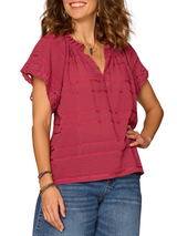 Democracy Womens Short Sleeve Ruffle Split Neck Embroidered Petite Woven Top