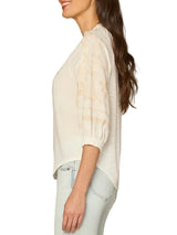 Democracy Womens Blouson Sleeve Ruffle Neck Floral Placket Mixed Media Woven Top