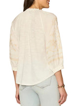 Democracy Womens Blouson Sleeve Ruffle Neck Floral Placket Mixed Media Woven Top