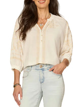 Democracy Womens Blouson Sleeve Ruffle Neck Floral Placket Mixed Media Woven Top