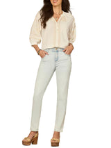 Democracy Womens Blouson Sleeve Ruffle Neck Floral Placket Mixed Media Woven Top