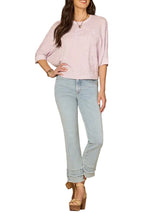 Democracy Womens Three Quarter Dolman Sleeve Scoop Neck Floral Embroidered Knit Top