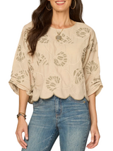 Democracy Womens Three Quarter Sleeve Boat Neck Woven Top with Soutache Embroidery